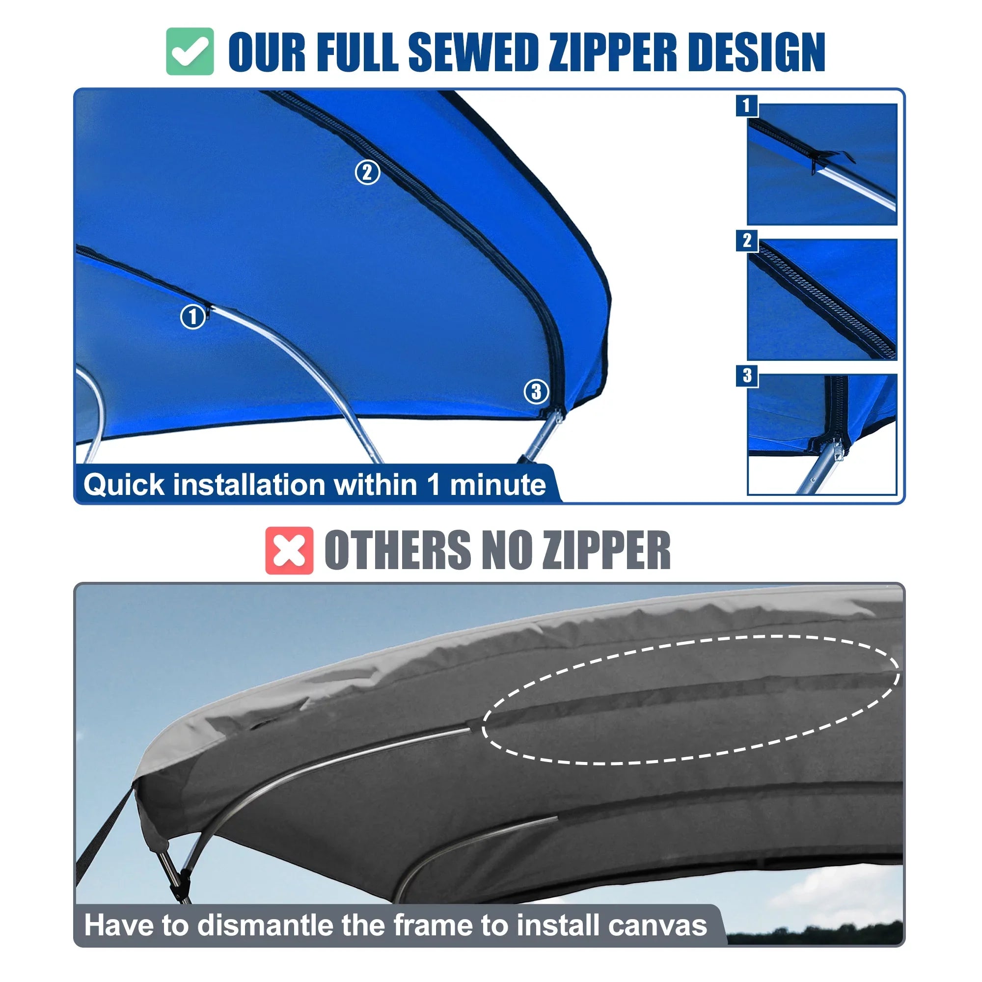 Blue 46"Hx61"-66"W 6"L Deck Stainless Bow Steel Bargains Top Unique x Bimini Hinges 600D 3