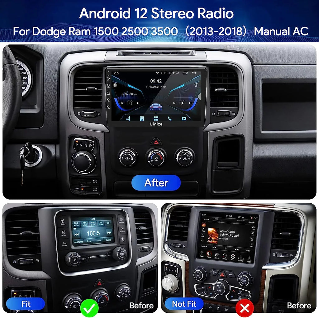 Dodge Radio Stereo 12 Wireless Auto/AM/FM/Backup Unit with Car GPS Camera/DSP/SWC/BT/WiFi/2+32GB in-Dash for 1500 Navigation 2500 Din CarPlay/Android Ram 3500 2013-2018, 9" Android Double Binize