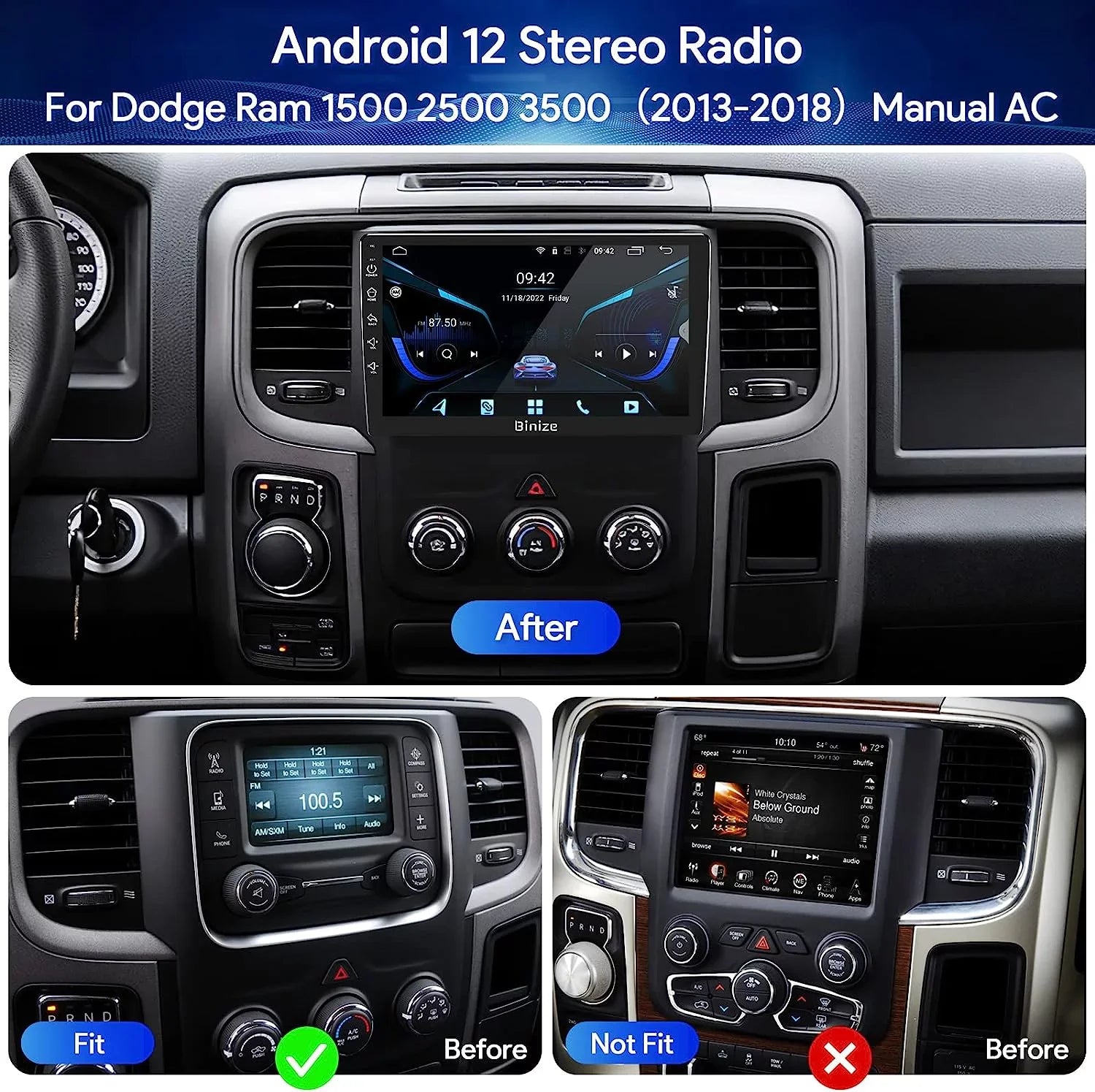 Dodge Radio Stereo 12 Wireless Auto/AM/FM/Backup Unit with Car GPS Camera/DSP/SWC/BT/WiFi/2+32GB in-Dash for 1500 Navigation 2500 Din CarPlay/Android Ram 3500 2013-2018, 9" Android Double Binize