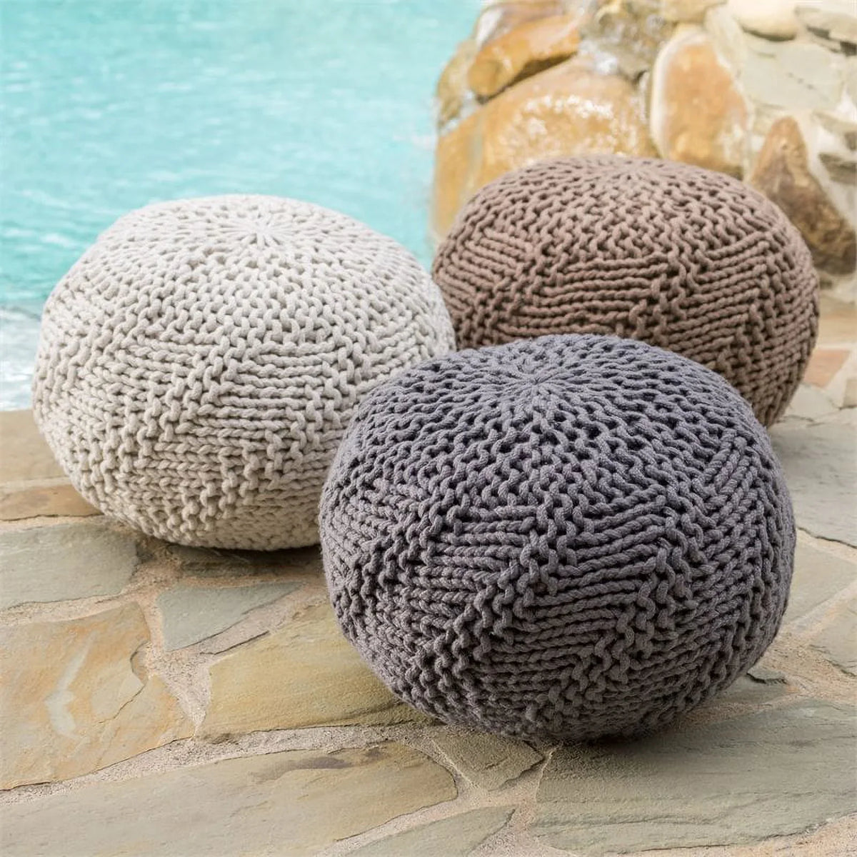 Noble Gray Fabric Outdoor in Pouf Aria Weave House Modern Handcrafted Dark