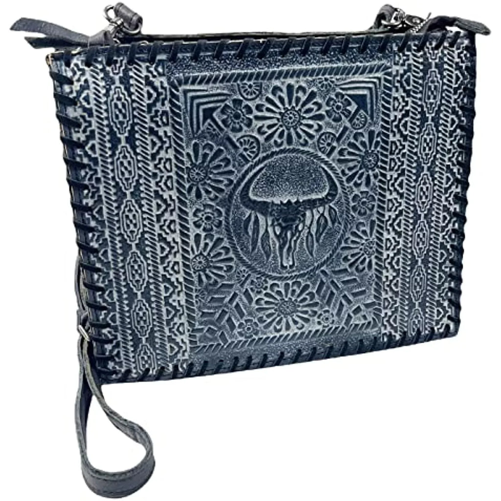 Handbag Crossbody Tote Stitched Urbalabs Bag Hand Purse (Blue) Skull Genuine Cow Western Large Tooled Longhorn Leather