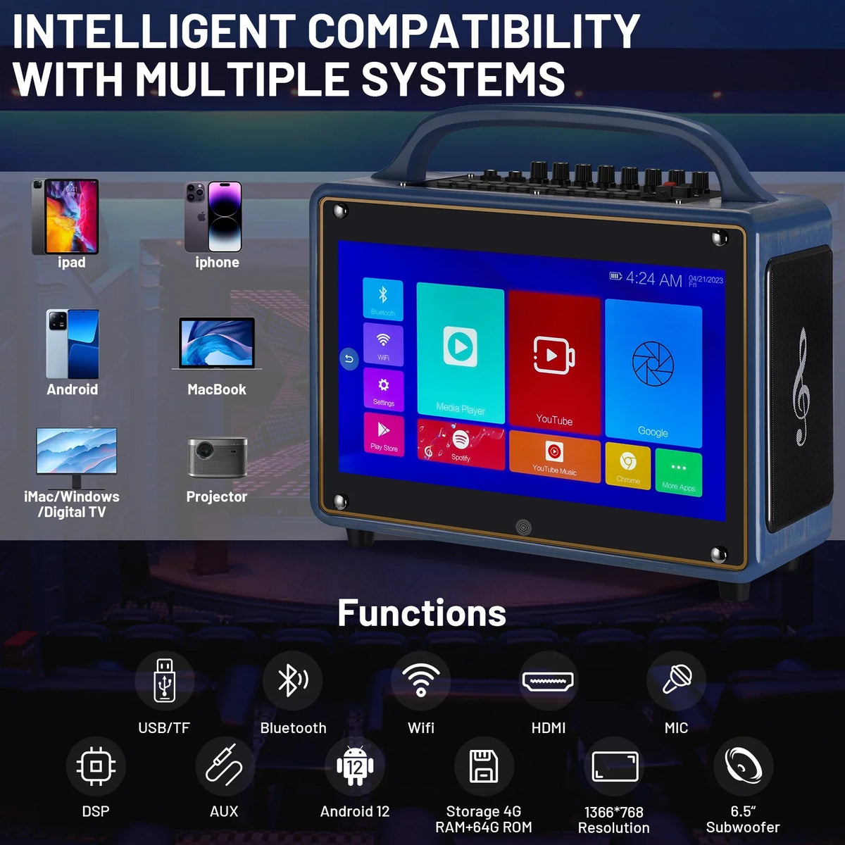 Loudspeaker mobile for 12/4+64G,Support Adults&Kid,14”HD Microphone/WiFi/USB/SD/PC/TV/Phones/HDMI Touch Karaoke Wireless BT Systems Screen/Android Machine Streaming