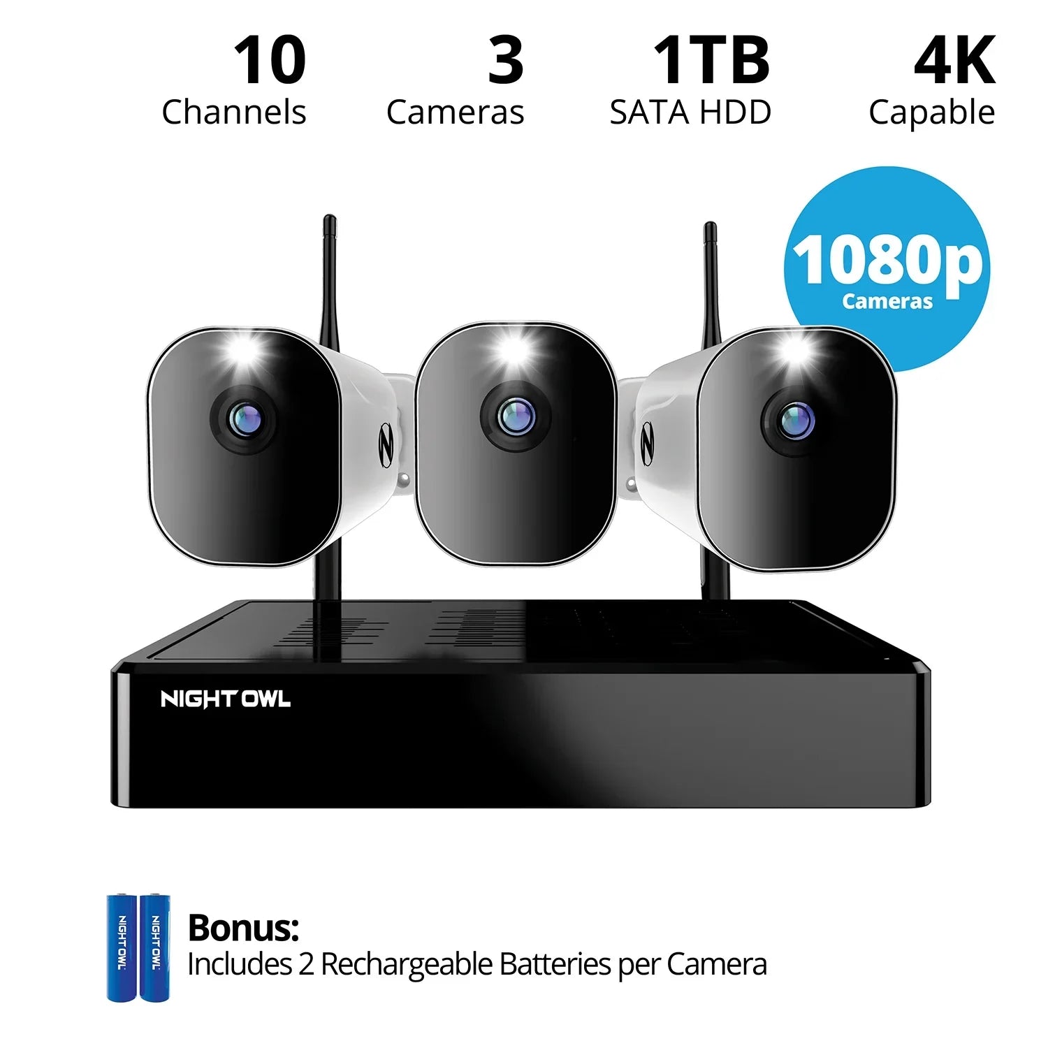 3 Cameras 4K Hard with 1080p Wi-Fi Spotlight HD Night 10 Channel Free Drive (Battery) 1TB Owl and Wire NVR