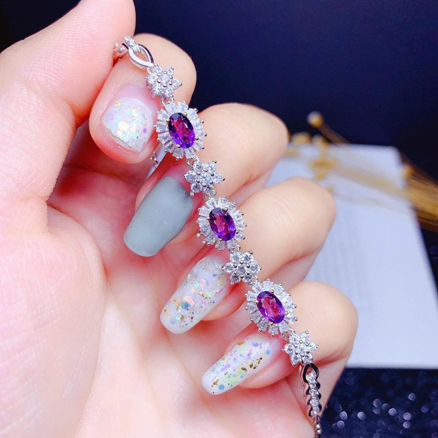 18k Women Silver Plated Light Inlaid Gold Sterling Natural Amethyst Luxury S925