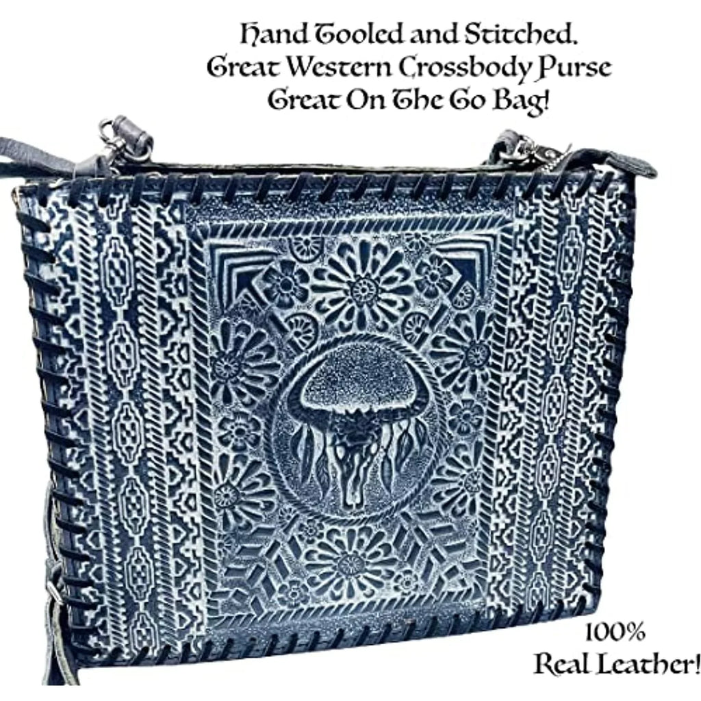 Handbag Crossbody Tote Stitched Urbalabs Bag Hand Purse (Blue) Skull Genuine Cow Western Large Tooled Longhorn Leather