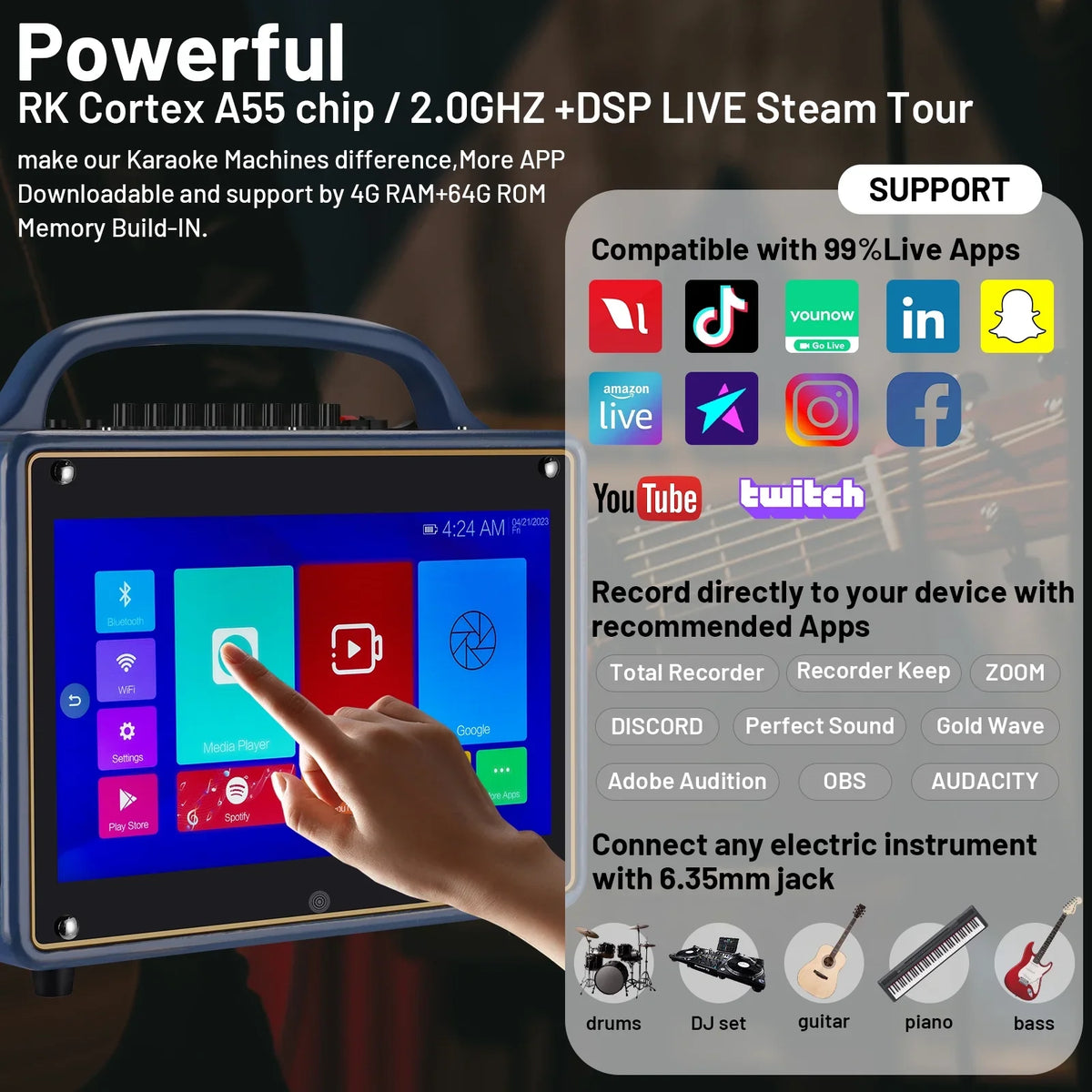 Loudspeaker mobile for 12/4+64G,Support Adults&Kid,14”HD Microphone/WiFi/USB/SD/PC/TV/Phones/HDMI Touch Karaoke Wireless BT Systems Screen/Android Machine Streaming
