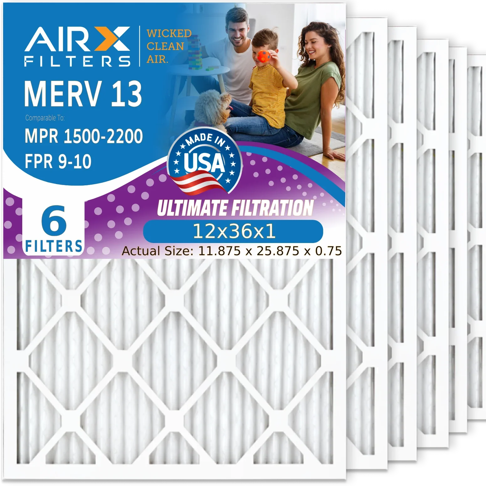 2200 AC atmospheric Premium WICKED Pack Filter MERV USA 1500 FPR & 13 atmospheric FILTERS Filters HVAC Electrostatic by Made CLEAN AIR. Comparable - AIRX MPR 12x36x1 to Pleated 6 Conditioner 12x36x1 Furnace 9 Filter