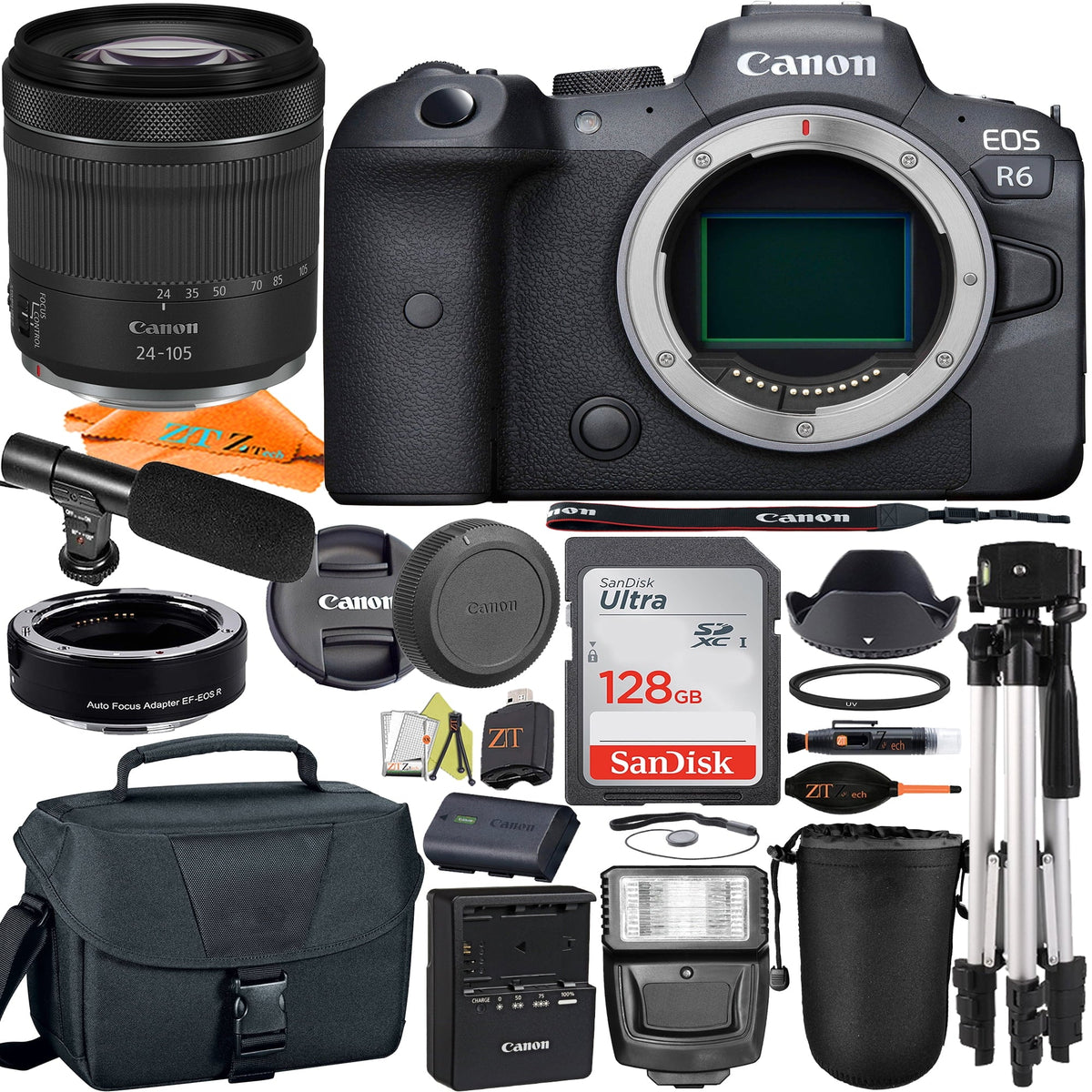 R6 Camera STM Mount Bundle + Adapter Digital Mirrorless 24-105mm + SanDisk Canon RF with 128GB + EOS ZeeTech Accessory Lens