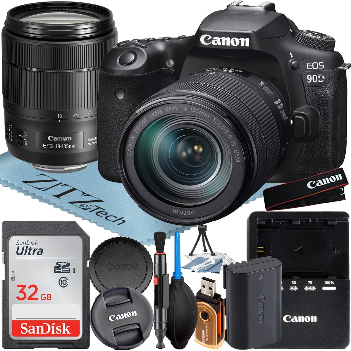 Canon + Lens Accessory 18-135mm + Camera Card 90D SanDisk DSLR Memory EOS with USM ZeeTech Bundle IS 32GB