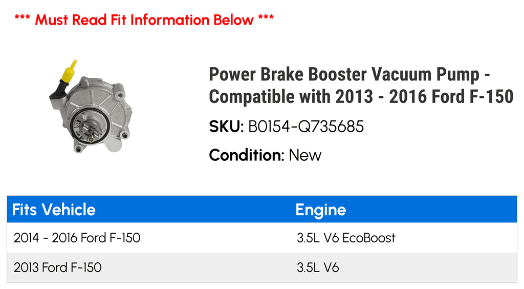 Pump 2015 F-150 Brake Ford Vacuum Compatible - 2016 - Booster 2013 with Power 2014