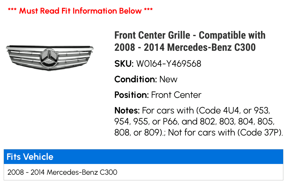 Mercedes-Benz Center 2013 2011 2009 2014 - Compatible 2008 C300 Front Grille 2010 2012 - with
