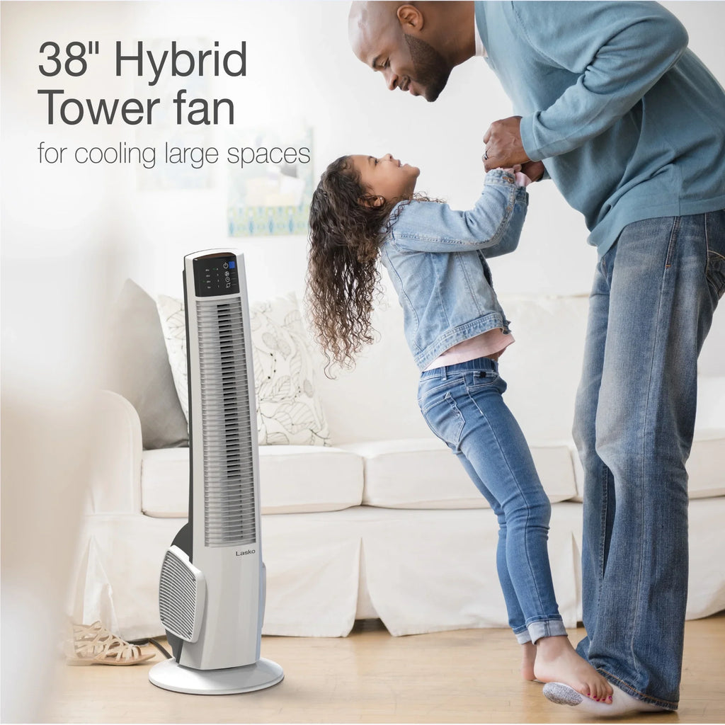 Timer Oscillating Fan and with White, T38400, Tower Hybrid Lasko New Remote, 4-Speed 39"