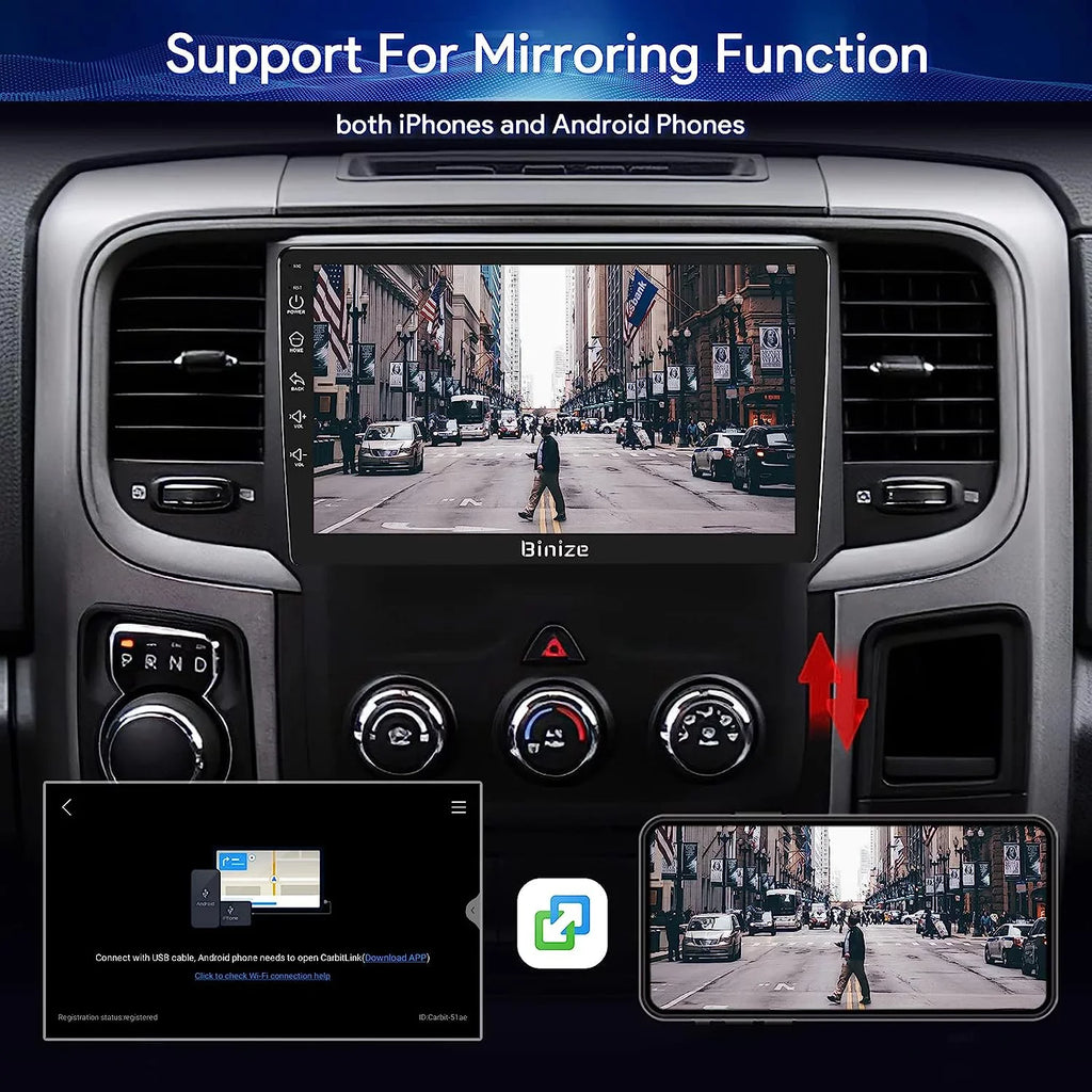 Dodge Radio Stereo 12 Wireless Auto/AM/FM/Backup Unit with Car GPS Camera/DSP/SWC/BT/WiFi/2+32GB in-Dash for 1500 Navigation 2500 Din CarPlay/Android Ram 3500 2013-2018, 9" Android Double Binize