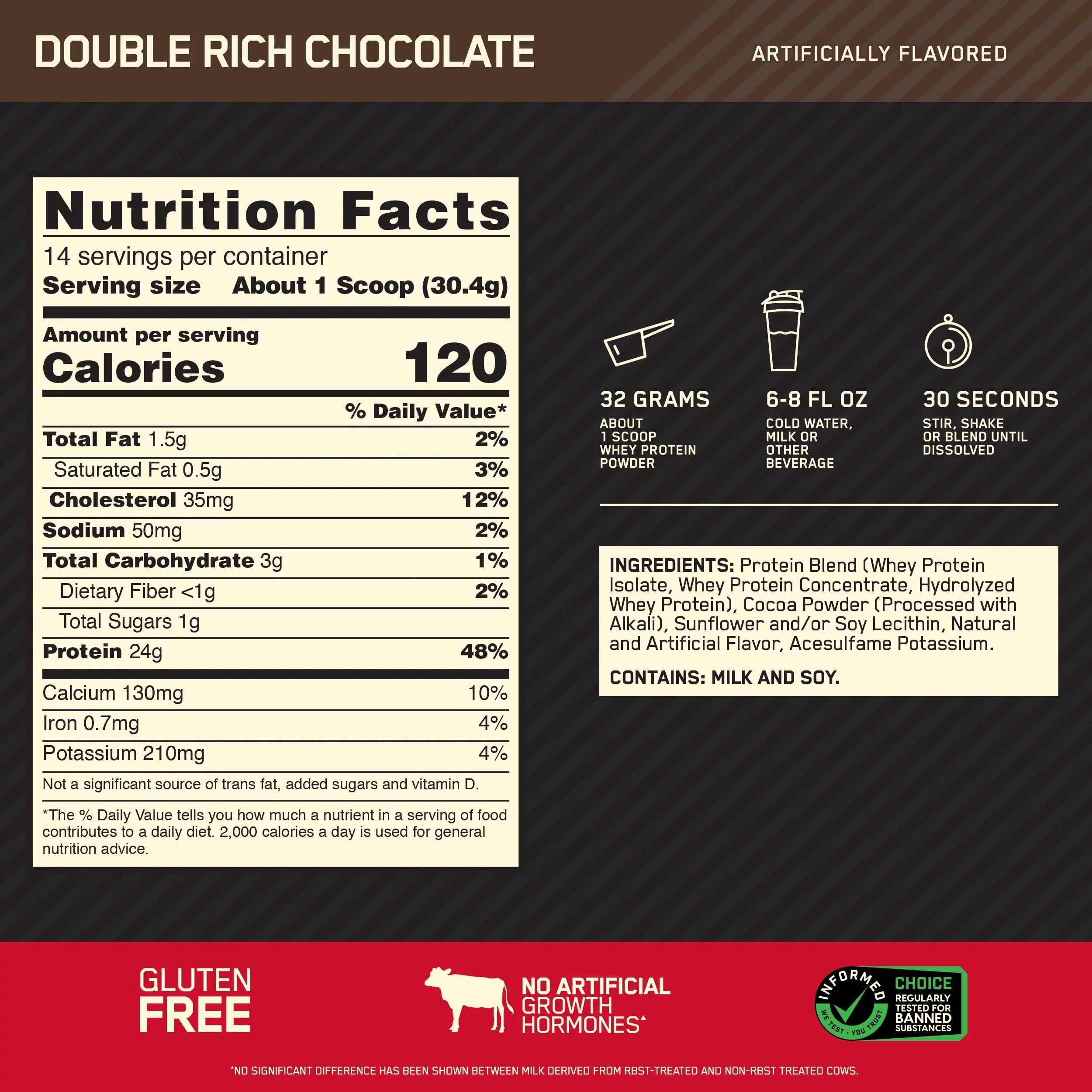 Double Nutrition, 1 Standard 14 Chocolate, lb, Servings Protein Optimum Gold 100% Rich Whey Powder,